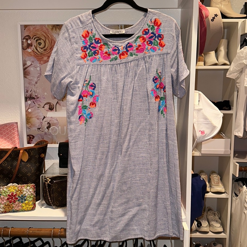 Blue & white dress with colorful knitted flowers. Relaxed fit